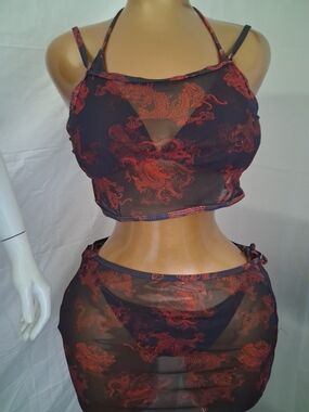Red Dragon Print Sheer Mesh Bikini Set